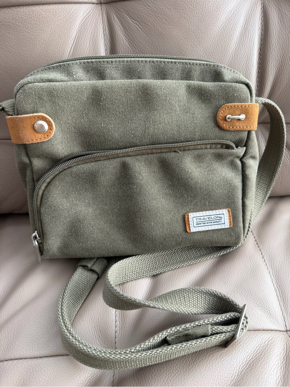 Travelon Olive Canvas Crossbody Messenger with Tan Accents